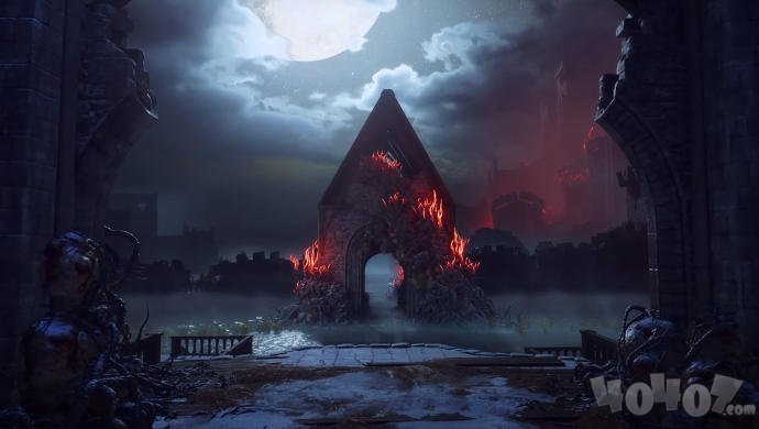 另一个场景里,是被红莱利姆矿覆盖的神秘拱门,背景能看到一座城堡的