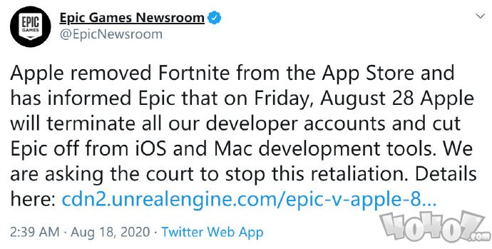 堡垒之夜被appstore下架移除 Epic控诉苹果公司报复行为