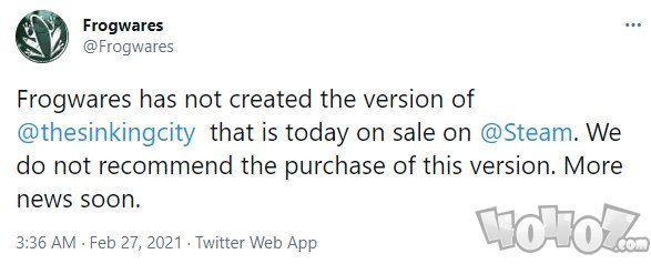 沉没之城发行商私自上架游戏 开发者警告玩家不要买